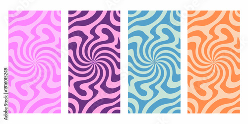 Four colorful swirling patterns arranged vertically in rectangular shapes