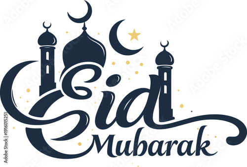 Elegant Eid Mubarak calligraphy with crescent moons, traditional Islamic celebration, festive greeting, gold and blue.