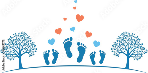 Four pairs of blue footprints ascend toward floating hearts, symbolizing new life and familial love between two stylized blue trees.