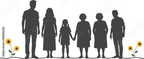 A diverse group of six people stand together as silhouettes, representing a multi-generational family unit against a white background with small flowers.