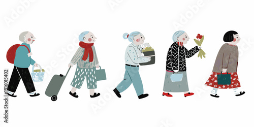 A line of illustrated people mostly seniors walking in a row