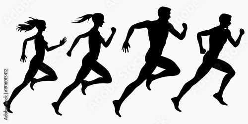 Silhouettes of four people running depicting motion and athleticism