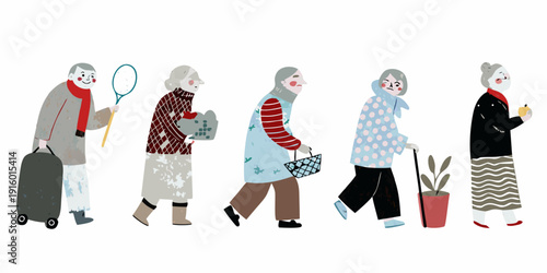 A line of elderly people walking each with unique clothing and accessories