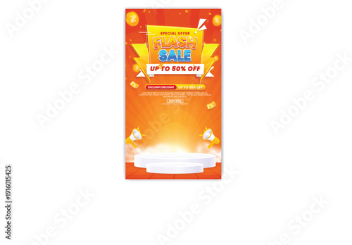 A smartwatch is displayed on a promotional flash sale advertisement with a special offer of up to 50 percent off