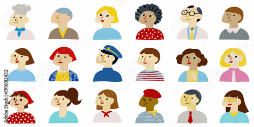 Diverse group of illustrated people with varying appearances and clothing