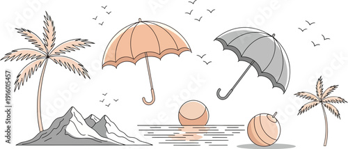 Tropical beach scene elements including palm trees, mountains, water reflection, and two open umbrellas representing travel and weather contrasts.