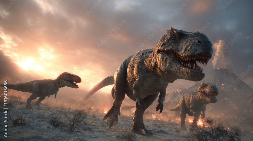Naklejka premium Fierce Tyrannosaurus Rex Dinosaurs at Sunset