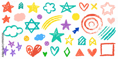 Colorful crayon drawings of stars hearts and various abstract shapes