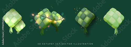 Eid Ketupat 3D Vector Set with Glowing Sparkle Rice Cake Decoration. Ketupat is a diamond-shaped rice cake