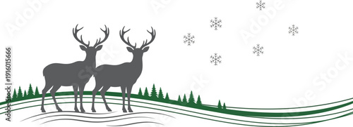 Two majestic stags with large antlers stand together on snowy ground while delicate snowflakes drift down in the background.