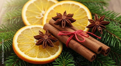 Christmas Spices with Dried Orange Slices, Cinnamon Sticks and Star Anise on Evergreen Branch