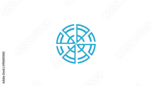 A blue geometric logo on a white background, featuring a stylized circular design with intersecting lines.
