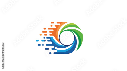Logo design featuring a swirl of orange, green, and blue hues with pixelated elements on a white background.