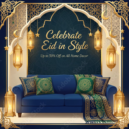 Premium Eid Mubarak Home Decor Banner with Royal Blue Sofa and Fanous Lanterns