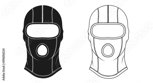 Two ski masks one solid black the other a white line drawing
