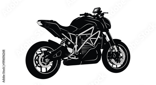 Stylized black and white silhouette of a modern motorcycle side view