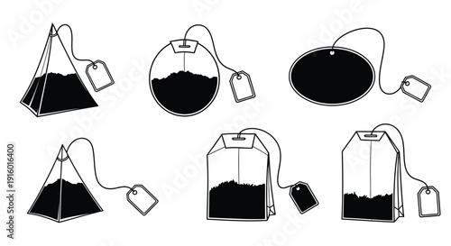 Various black tea bag illustrations in a simple linear style