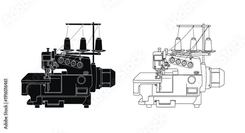 Two views of a serger sewing machine solid black and white outline