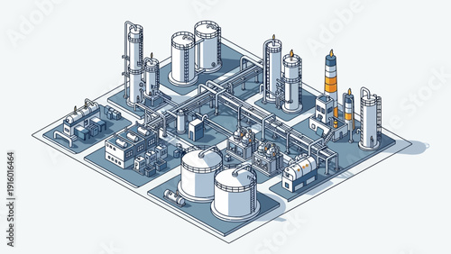 Detailed Isometric Illustration of a Modern Industrial Chemical Plant.
