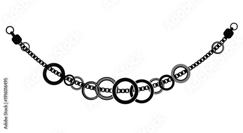 A black and white illustration of a curved chain bracelet with circular links