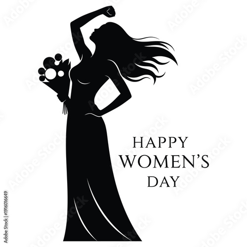 Elegant woman silhouette in a flowing dress, raising fist triumphantly holding flowers for Happy Women's Day, celebrating female achievement.