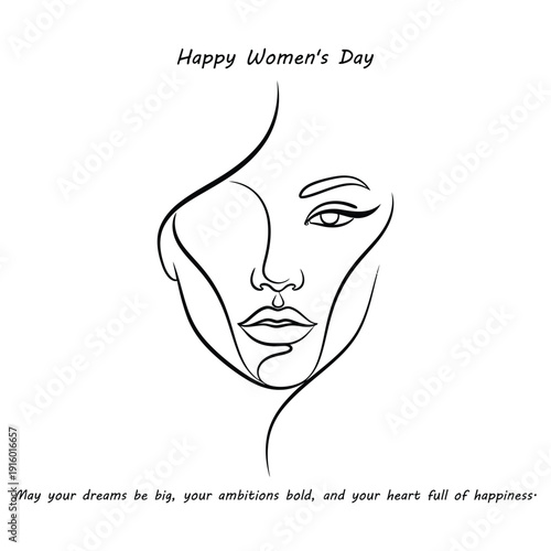 Minimalist line art portrait of a woman's face, conveying beauty and elegance with an inspirational quote for Happy Women's Day.