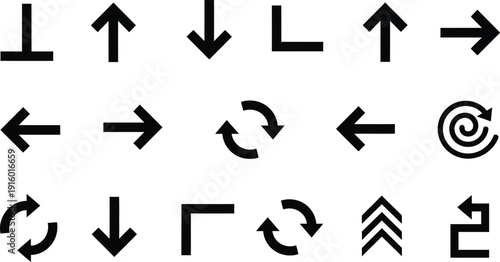 Arrows Set in Order: A comprehensive assortment of arrow icons, each meticulously designed to represent various directions and movements, against a clean backdrop. 