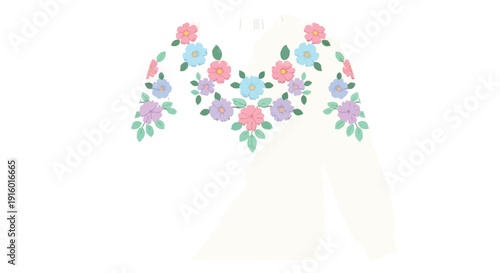 A cream colored sweater adorned with colorful floral embroidery on the yoke