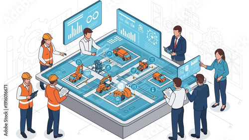 Engineers and business people collaborating on a digital twin factory floor.