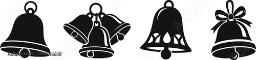 Collection of four distinct black and white silhouette illustrations representing various styles of holiday sleigh bells and festive ringing instruments for seasonal designs.