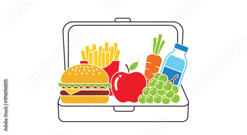Colorful lunchbox filled with a variety of fast food and healthy items