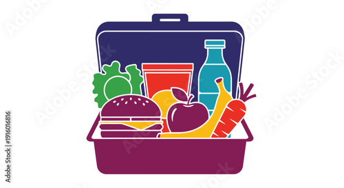 Colorful lunchbox illustration filled with various healthy food items
