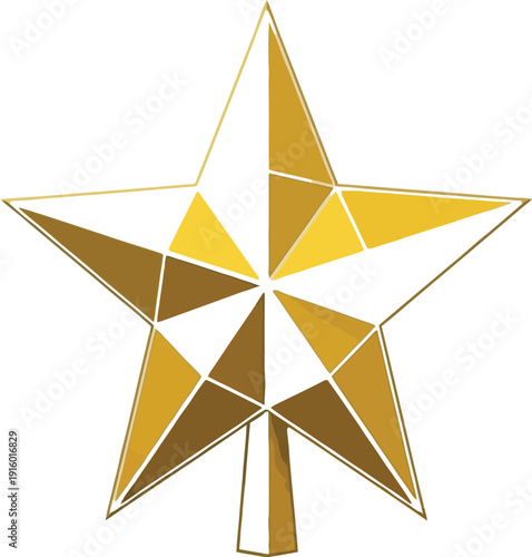 Golden and white geometric abstract star shaped tree topper accessory features a low poly polygonal design suitable for holiday decorations and celebratory themes