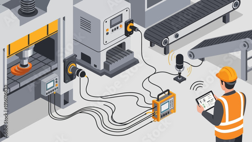 Industrial Engineer Monitoring Smart Factory Production Line with Tablet.