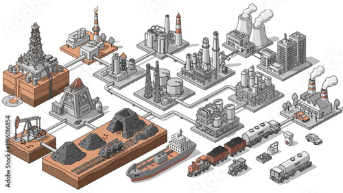 Industrial complex with interconnected factories and transportation network.