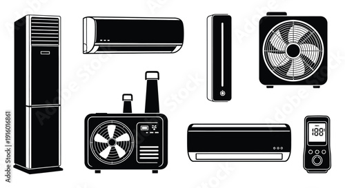 Black and white illustration of various air conditioning and cooling appliances