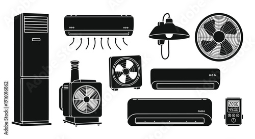 Black and white illustration of various air conditioning and cooling appliances