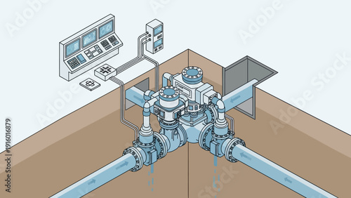 Industrial pipeline system with control panel and valves.