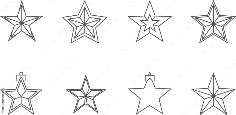 Fototapeta premium Collection of eight stylized five-pointed star outline icons showcasing various geometric designs perfect for holiday decorations or award emblems.