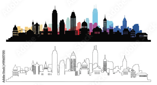 Colorful cityscape silhouette of chicago with a line drawing below