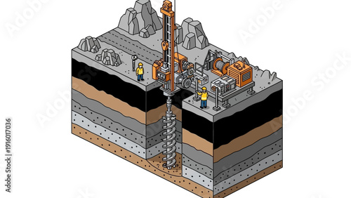 Isometric Cross-Sectional View of a Deep Earth Drilling Operation.