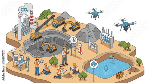 Isometric illustration of a carbon capture and mining operation with workers and drones.