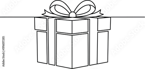 Minimalist continuous line art drawing of a wrapped gift box with a prominent bow presented horizontally across the frame indicating a special occasion or celebratory moment.