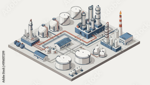 Isometric illustration of a detailed industrial oil refinery plant with tanks and pipes.
