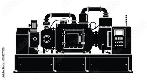 Detailed black and white illustration of industrial machinery and pipework
