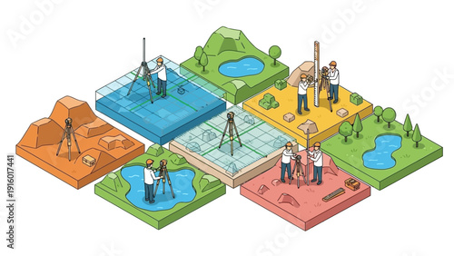 Isometric illustration of land surveying and mapping various terrains.