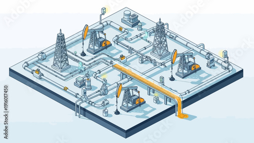 Isometric illustration of an oil and gas refinery with pipelines.