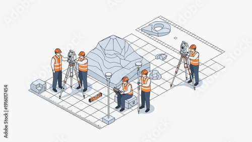 Isometric illustration of land surveyors working with surveying equipment and maps.