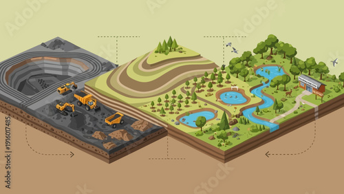 Isometric illustration of mining, reclamation, and environmental restoration.
