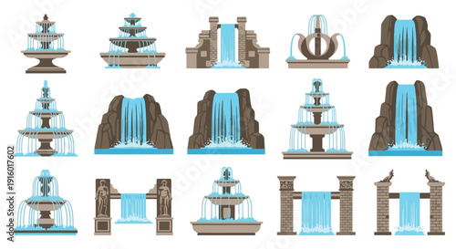 Collection of various illustrated fountains and waterfall features